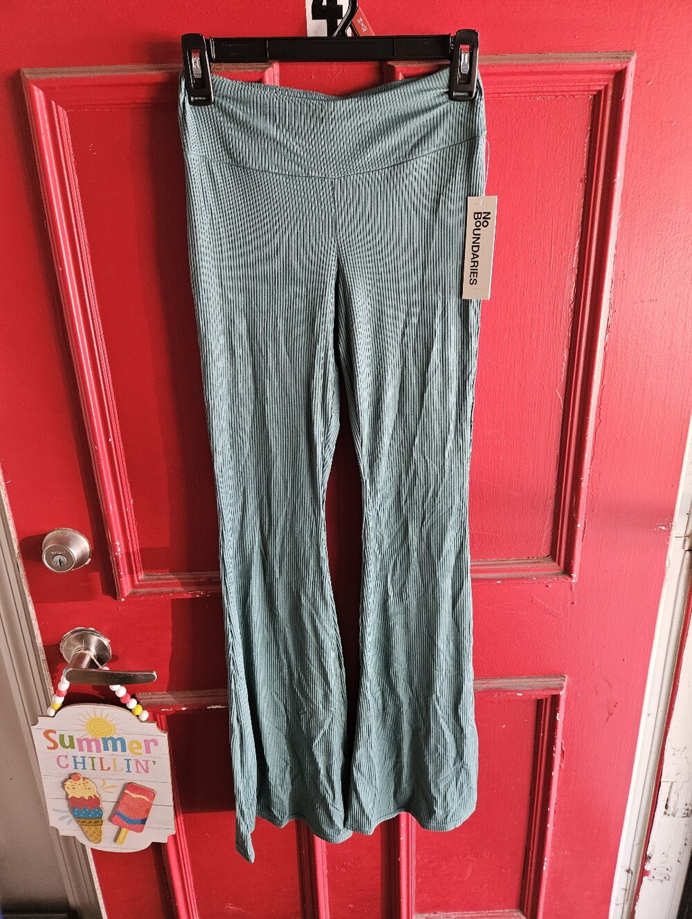 No Boundaries Green Ribbed Flare Leggings